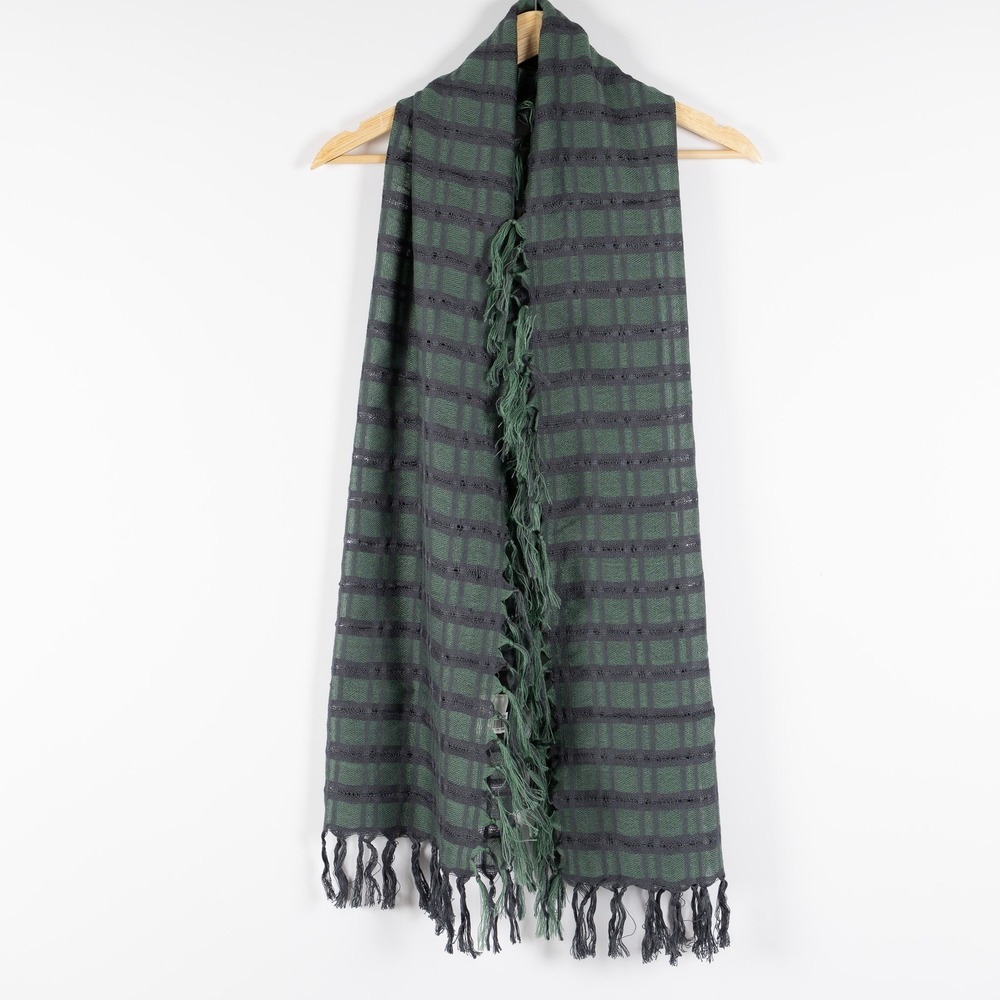 TARNISH Nordstrom‎ Plaid Scarf Green Black Fringe Lightweight